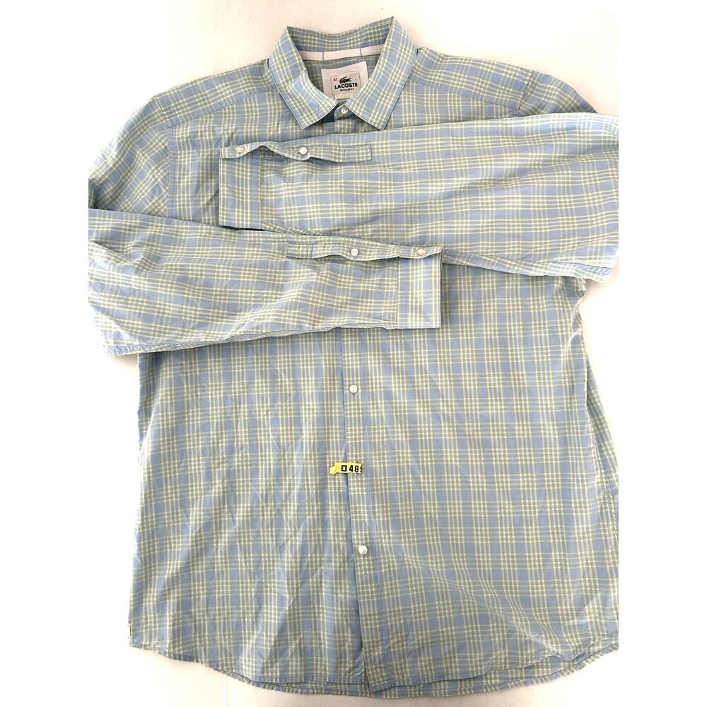 Lacoste Men's Plaid Button Down Shirt Size 42 L Regular Fit Blue Yellow Check